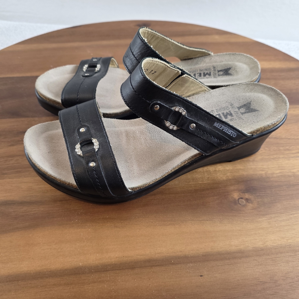 Mephisto Naide Wedge Slide Sandals Black Leather  Wmn's 7
